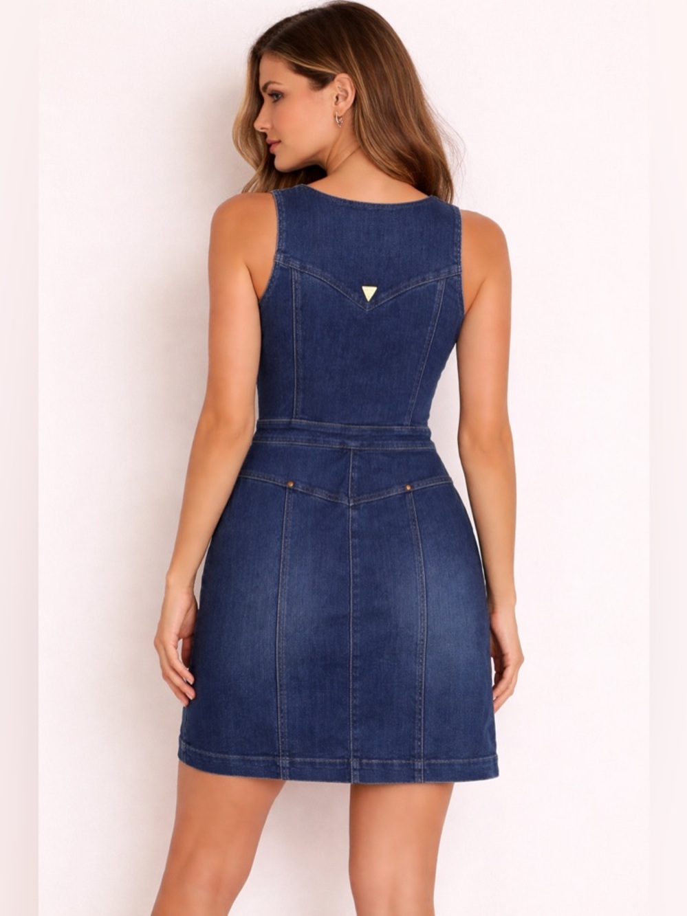 GUESS Stretch Denim Mini Dress Gold Button Front Structured Waist Y2K Jean Dress - Picture 4 of 17